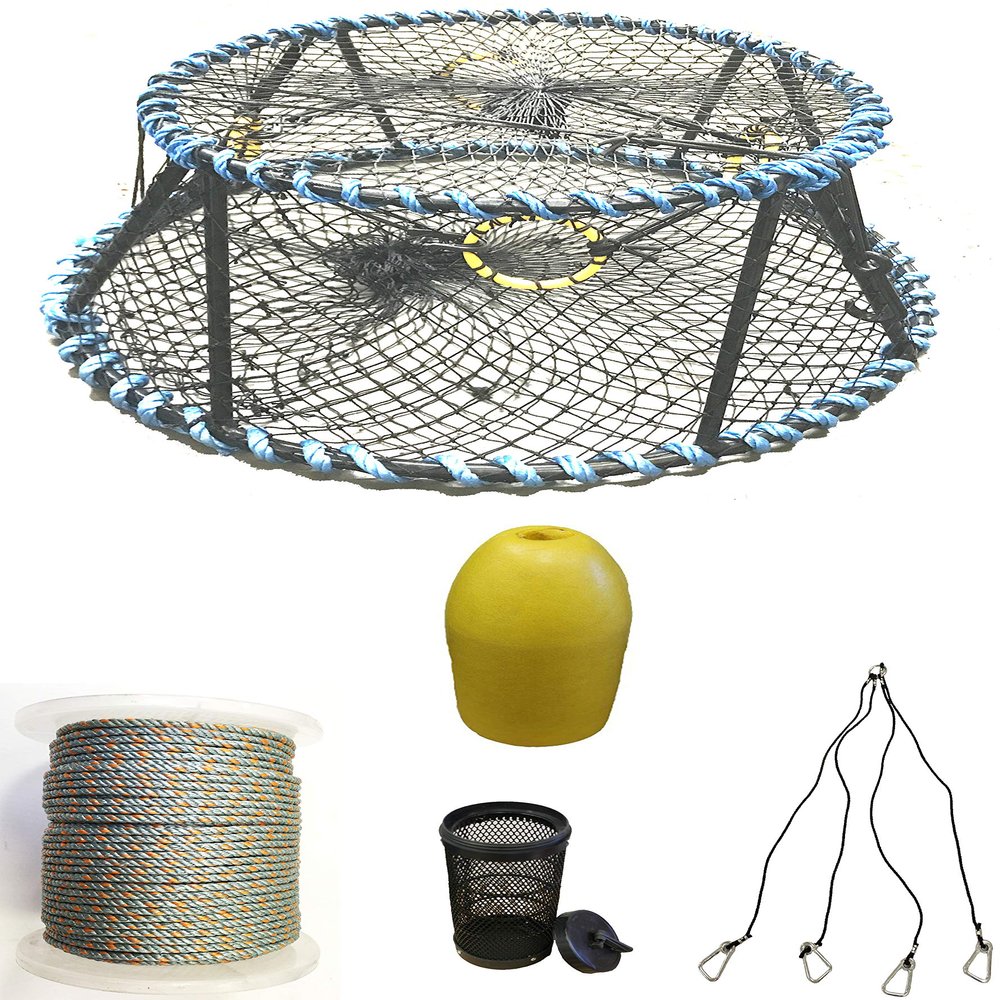 KUFA Sports Vinyl Coated Heavy Duty Tower Style Prawn Trap with 400' Rope, Yellow Float, Vented Bait Jar & Harness Combo (CT130+PAQ19+HA5)
