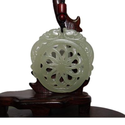 2.1" China Certified Nature Hetian Nephrite Jade Double Dragon and Flower Hand Carved Necklace Pendant 0102