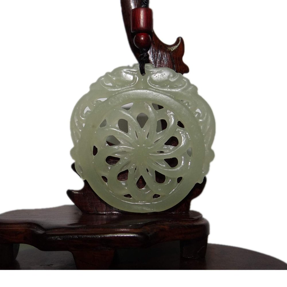 2.1" China Certified Nature Hetian Nephrite Jade Double Dragon and Flower Hand Carved Necklace Pendant 0102