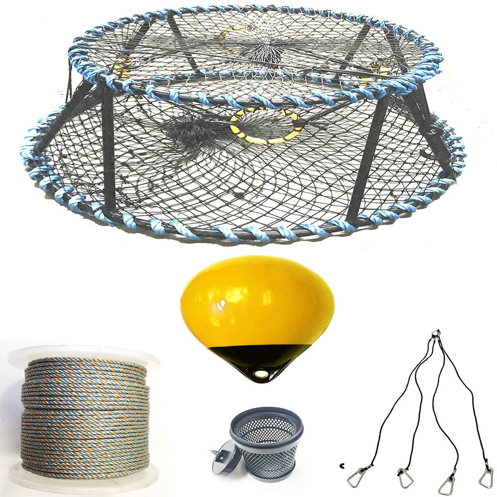 KUFA Sports Vinyl Coated Heavy Duty Tower Style Prawn Trap with 400' Rope, Yellow Float, Vented Bait Jar & Harness Combo (CT130+PAL386+HA5)
