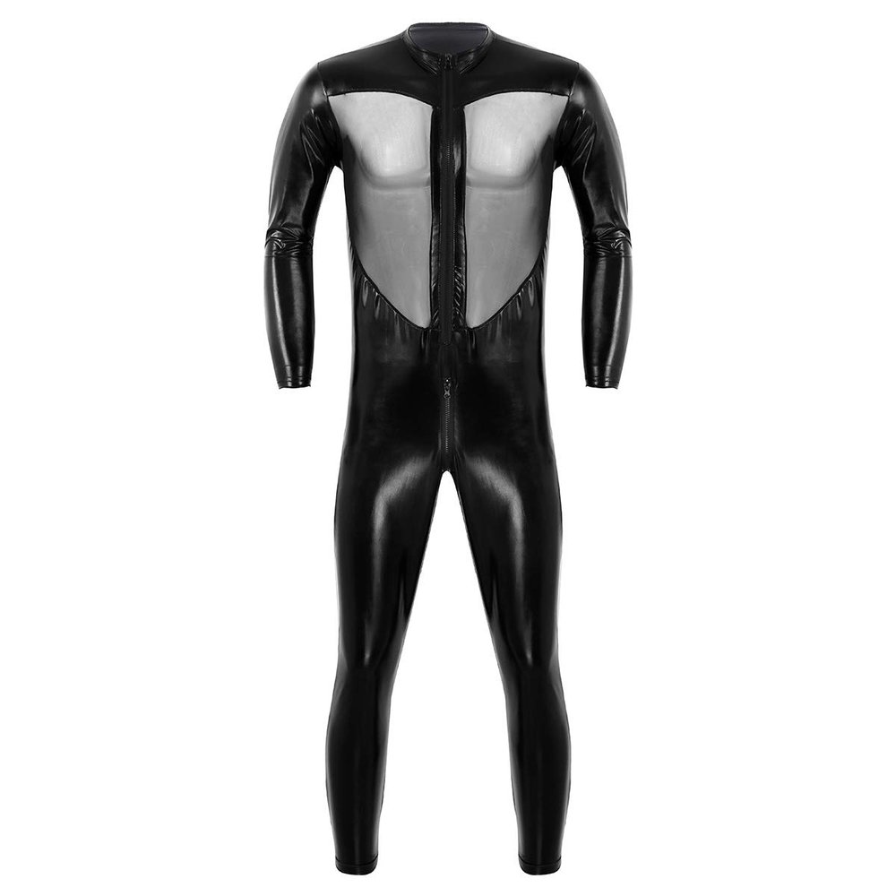 Lejafay Latex Men's Patent Leather Jumpsuits Wet Look Liquid Stretchy Tights Bodysuit Costume Black X-Large