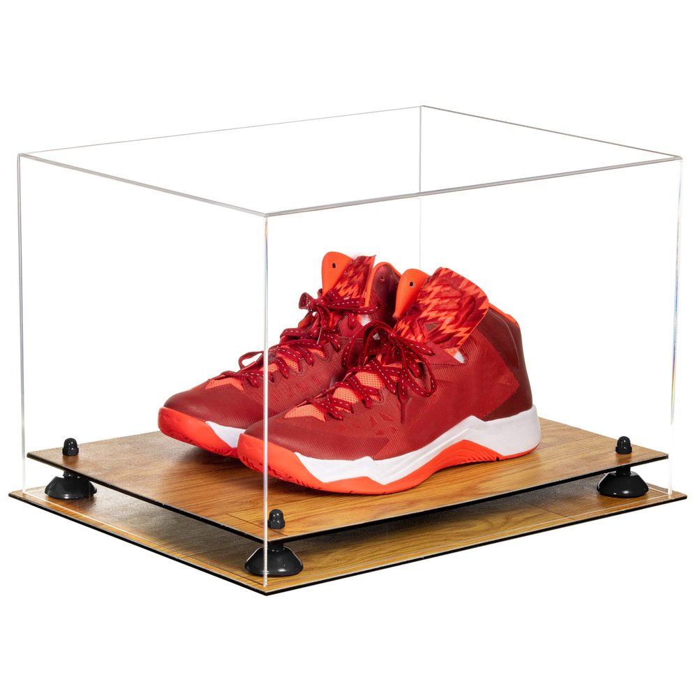 Better Display Cases Acrylic Extra Large Shoe Display Case for Basketball Shoe, Hightop, Soccer & Football Cleats with Clear Case, Black Risers and Wood Base -18 x 14 x 12 (A014/V60)