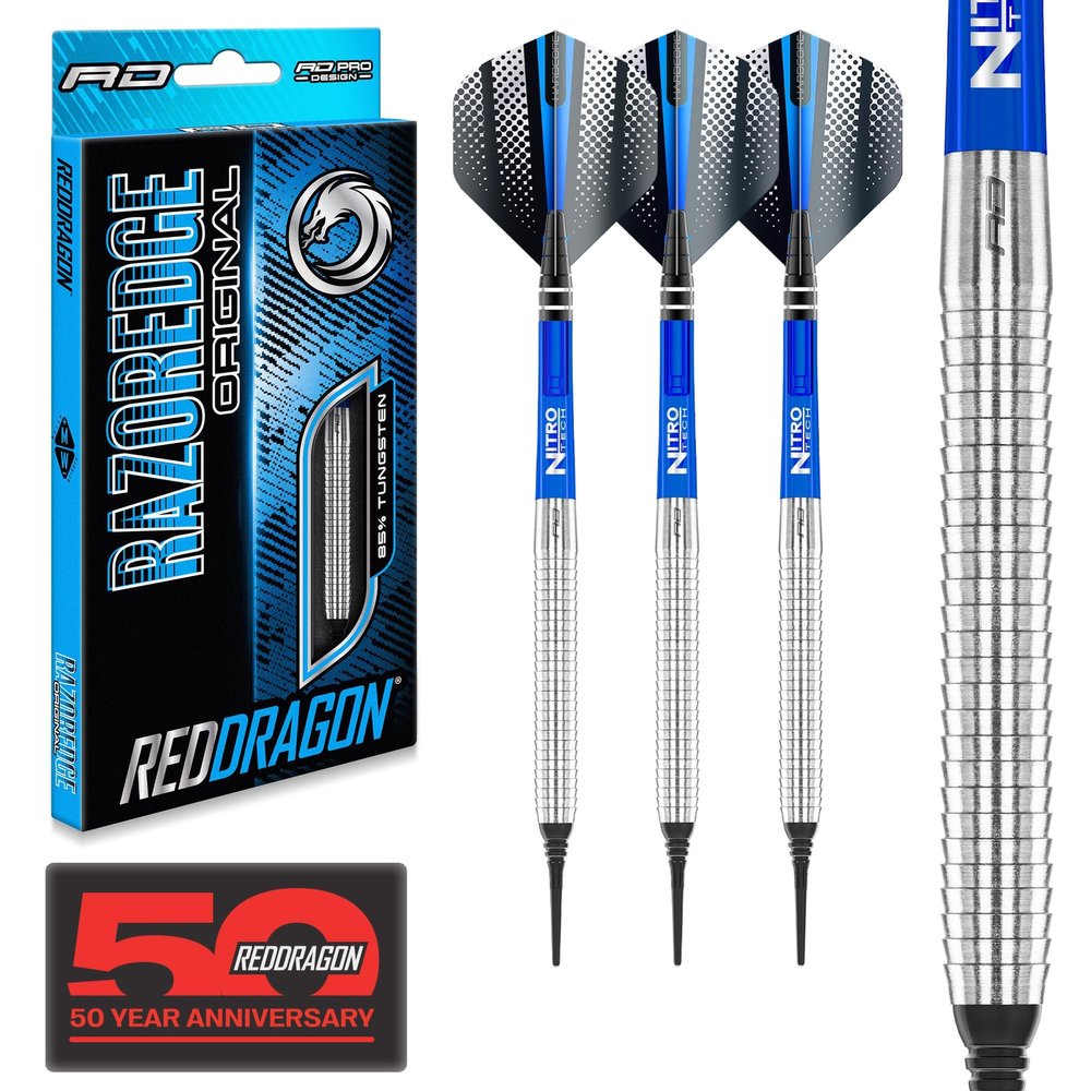 RED DRAGON Razor Edge Original 18 Gram Tungsten Softip Darts Set with Flights and Stems