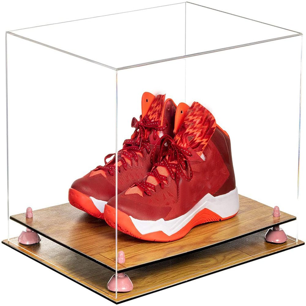 Better Display Cases Acrylic Extra Large Shoe Display Case for Basketball Shoe, Hightop, Soccer & Football Cleats with Clear Case, Pink Risers and Wood Base 18 x 14 x 12 (A014/V60)