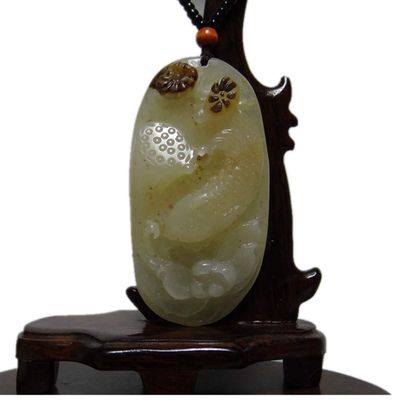 2.8" China Certified Nature Yellow Dragon Jade Fortue Fish and Lotus Hand Carved Necklace Pendants 2373