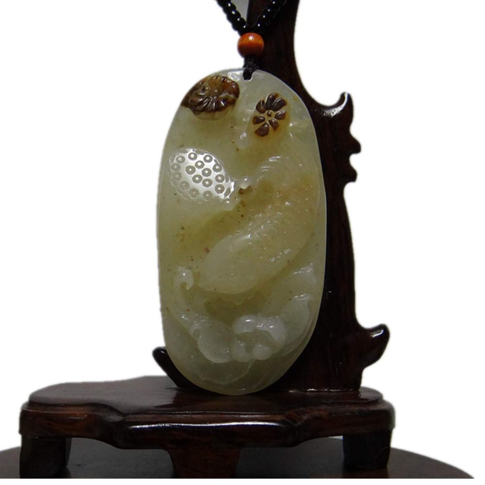 2.8" China Certified Nature Yellow Dragon Jade Fortue Fish and Lotus Hand Carved Necklace Pendants 2373