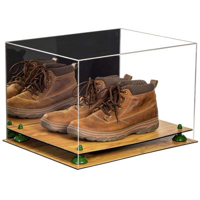 Better Display Cases Acrylic Extra Large Shoe Display Case for Basketball Shoe, Hightop, Soccer & Football Cleats with Mirror Case, Green Risers and Wood Base -18 x 14 x 12 (A014/V60)