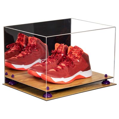 Better Display Cases Acrylic Extra Large Shoe Display Case for Basketball Shoe, Hightop, Soccer & Football Cleats with Mirror Case, Purple Risers and Wood Base 18 x 14 x 12 (A014/V60)