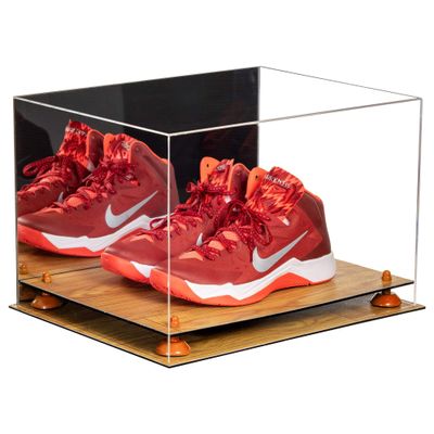 Better Display Cases Acrylic Extra Large Shoe Display Case for Basketball Shoe, Hightop, Soccer & Football Cleats with Mirror Case, Orange Risers and Wood Base 18 x 14 x 12 (A014/V60)