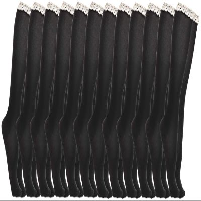 Yacht & Smith 12 Pairs Of Womens Knee High 100% Cotton Socks, With Lace Trim Top, Black