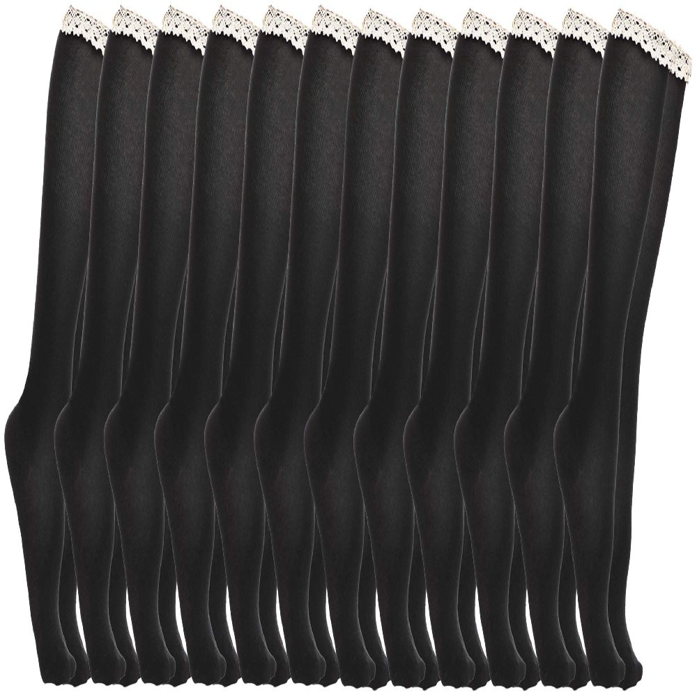 Yacht & Smith 12 Pairs Of Womens Knee High 100% Cotton Socks, With Lace Trim Top, Black