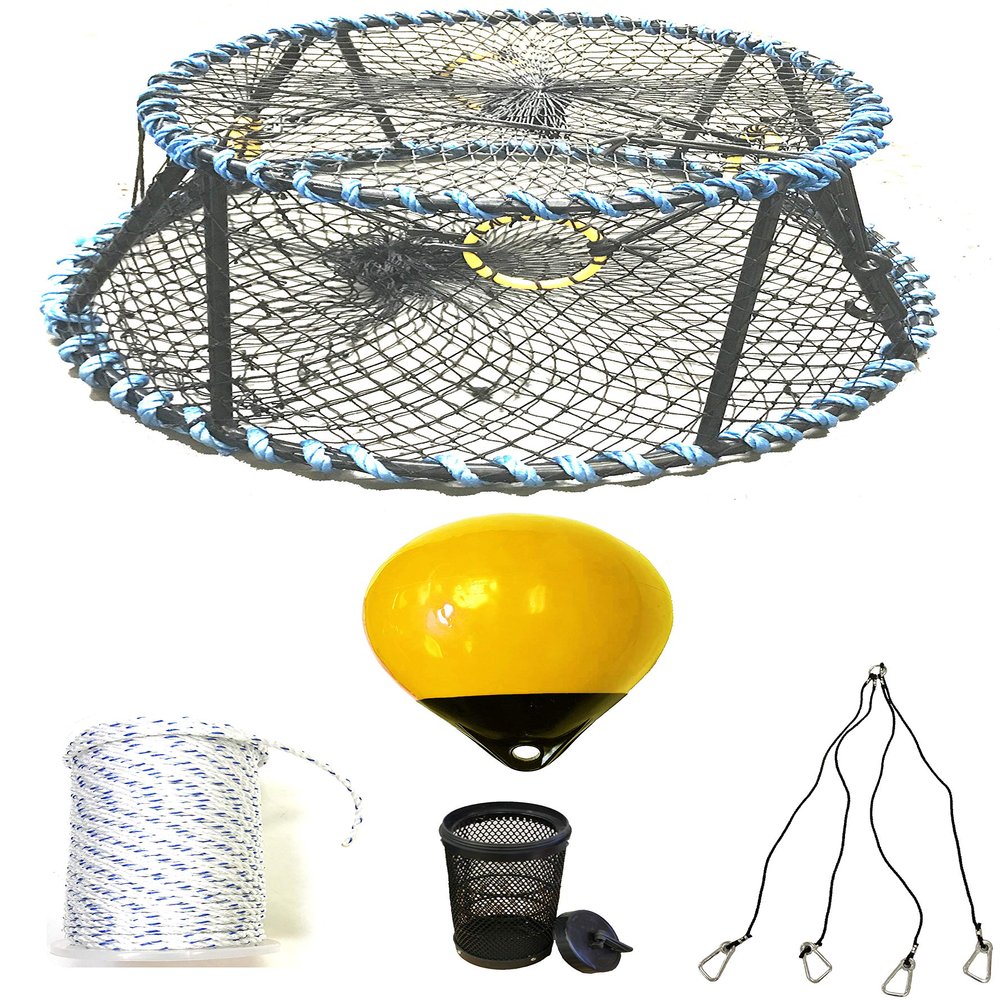 KUFA Sports Vinyl Coated Heavy Duty Tower Style Prawn Trap with 400' Rope, Yellow Float, Vented Bait Jar & Harness Combo (CT130+PAM389+HA5)