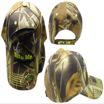 Bite Me Double Hook Fishing Lure Fully Camouflage Camo 100% Acrylic Adjustable Embroidered Cap Hat