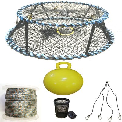 KUFA Sports Vinyl Coated Heavy Duty Tower Style Prawn Trap with 400' Rope, Yellow Float, Vented Bait Jar & Harness Combo (CT130+PAL59+HA5)