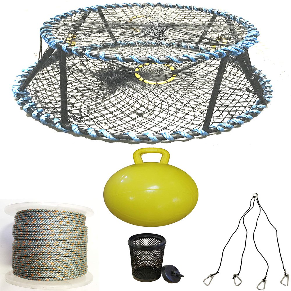 KUFA Sports Vinyl Coated Heavy Duty Tower Style Prawn Trap with 400' Rope, Yellow Float, Vented Bait Jar & Harness Combo (CT130+PAL59+HA5)