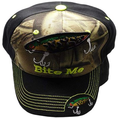 Bite Me Double Hook Fishing Lure Camouflage Camo Front Black Back 100% Acrylic Adjustable Embroidered Cap Hat