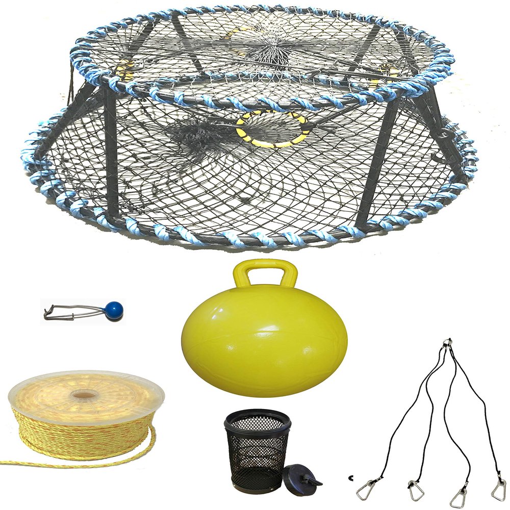 KUFA Sports Vinyl Coated Heavy Duty Tower Style Prawn Trap with 400' Rope, Yellow Float, Vented Bait Jar & Harness Combo (CT130+PAS59+HA5)