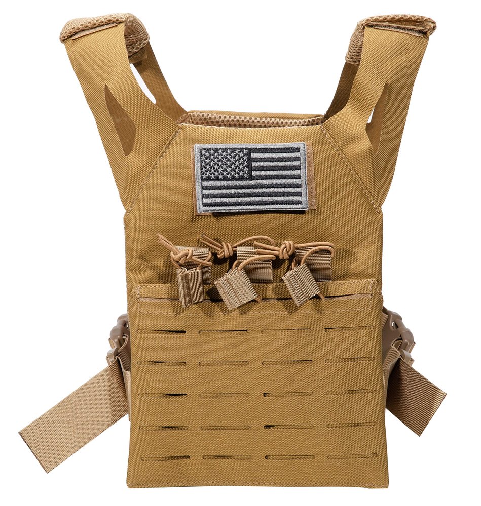 Cadet 2.0 Childrens Tactical Airsoft Paintball Kids Vest, Free US Flag Patch, Mil Spec PALS Laser cut Molle Modular w/Mag Pouches (Brown)