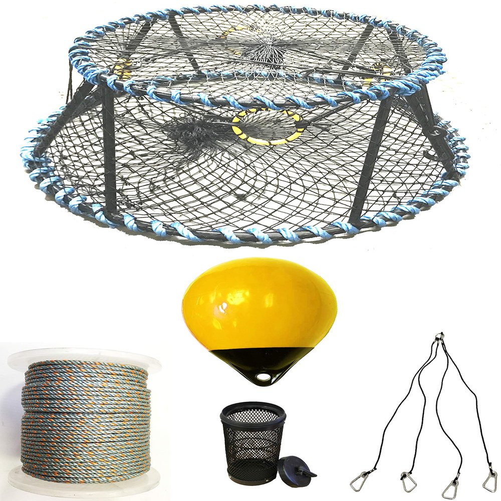 KUFA Sports Vinyl Coated Heavy Duty Tower Style Prawn Trap with 400' Rope, Yellow Float, Vented Bait Jar & Harness Combo (CT130+PAL389+HA5)
