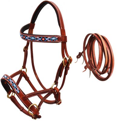 CHALLENGER Horse Western Leather Training Tack Bitless Sidepull Beaded Bridle Reins 77RS14TN