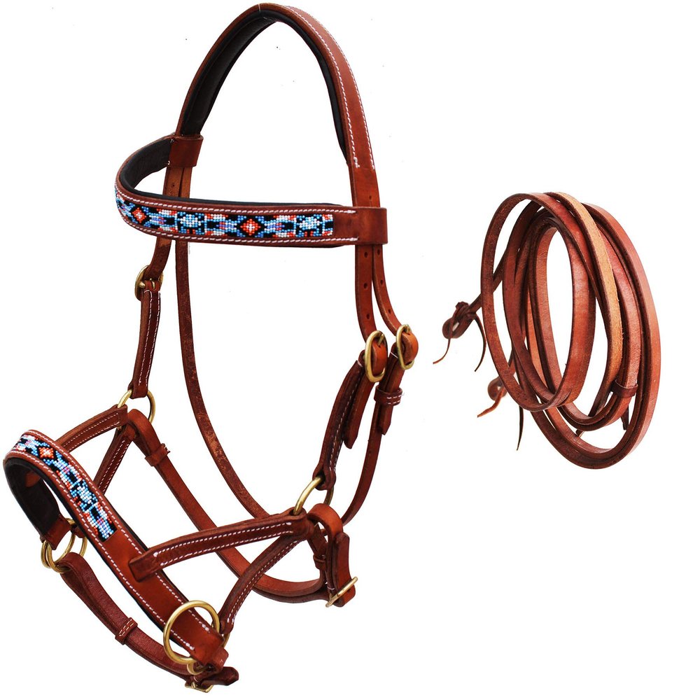 CHALLENGER Horse Western Leather Training Tack Bitless Sidepull Beaded Bridle Reins 77RS14TN
