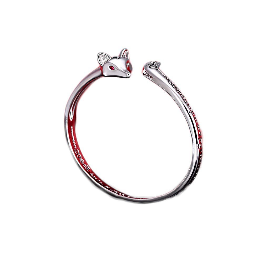 Caiyao Fox Bracelet Rune Symbol Animals Adjustable Bangle Cute Lovely Fox Tail Wrap Cuff Bracelets Best Gift for Fox Lover Gifts Women Friend Jewelry-C silver red eye