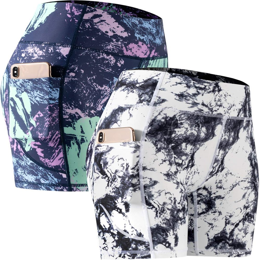CADMUS High Waist Tummy Control Compression Shorts for Women Fitness Workout Running Shorts with Pockets23# Navy Pink & White Grey, Pack of 2, L