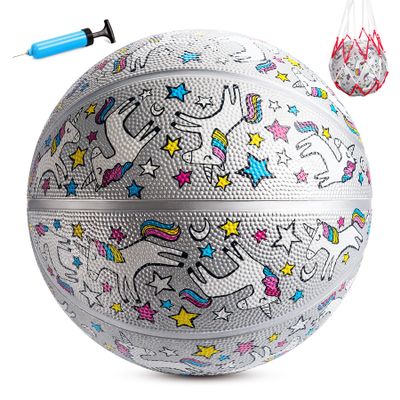 INPODAK Unicorn Basketball for Girls - Size 5 (27.5 Inch) Youth Kids Basketball, Comes with Air Pump - Deflated Rubber Ball for Indoor Outdoor Sports, Training, Competition Gifts