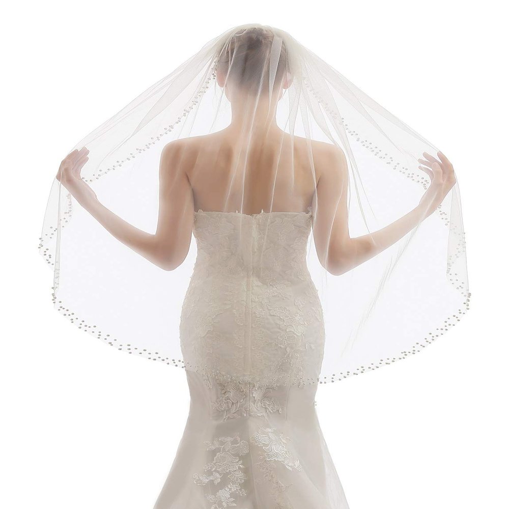 ELAWBTY Womens 1 Tier Fingertip Length Pearl Wedding Bridal Veil With Comb X12 White