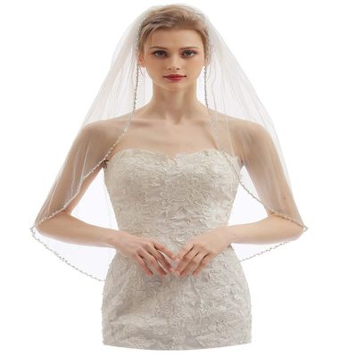 ELAWBTY Womens 1 Tier Fingertip Length Short Crystal Beaded Wedding Bridal Veil With Comb X09 White