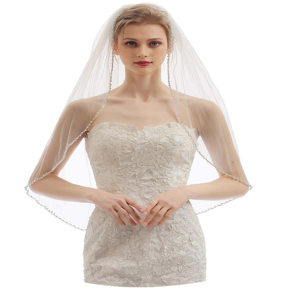 ELAWBTY Womens 1 Tier Fingertip Length Short Crystal Beaded Wedding Bridal Veil With Comb X09 White