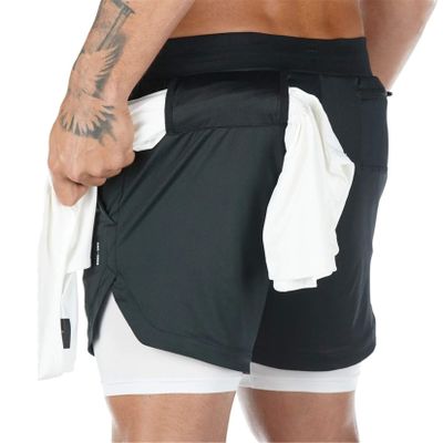 Andongnywell Men's 2 in 1 Active Short Trousers Elasticity Lightweight Quick Dry Jogger Shorts with Pockets (Black,Large)