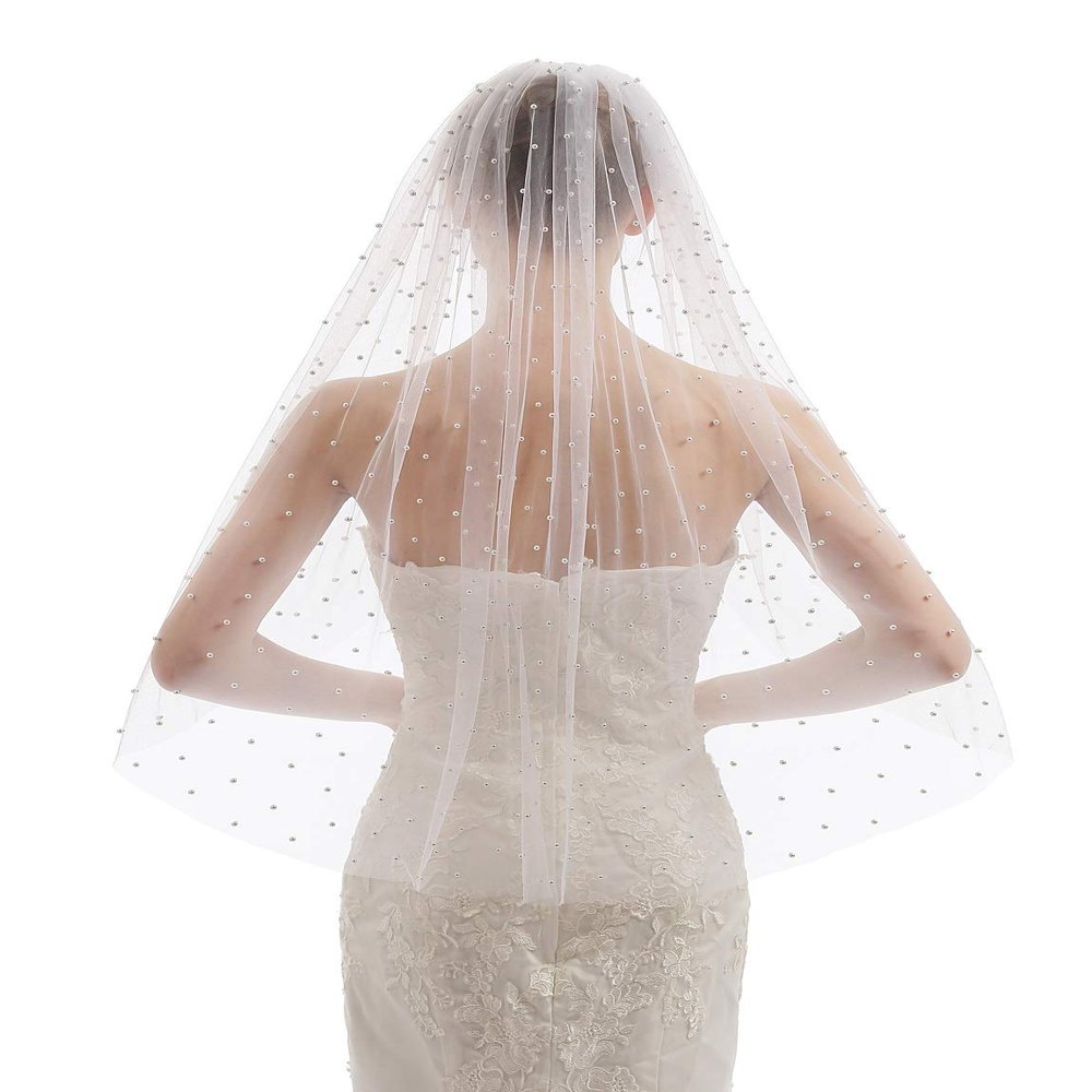 ELAWBTY Womens 1 Tier Fingertip Length Pearl Wedding Bridal Veil With Comb X06 Ivory