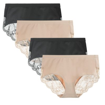 LIQQY Women's 4 Pack Combed Cotton Breathable High Rise Lace Full Coverage Brief Panty Underwear (Large, Black/Nude)