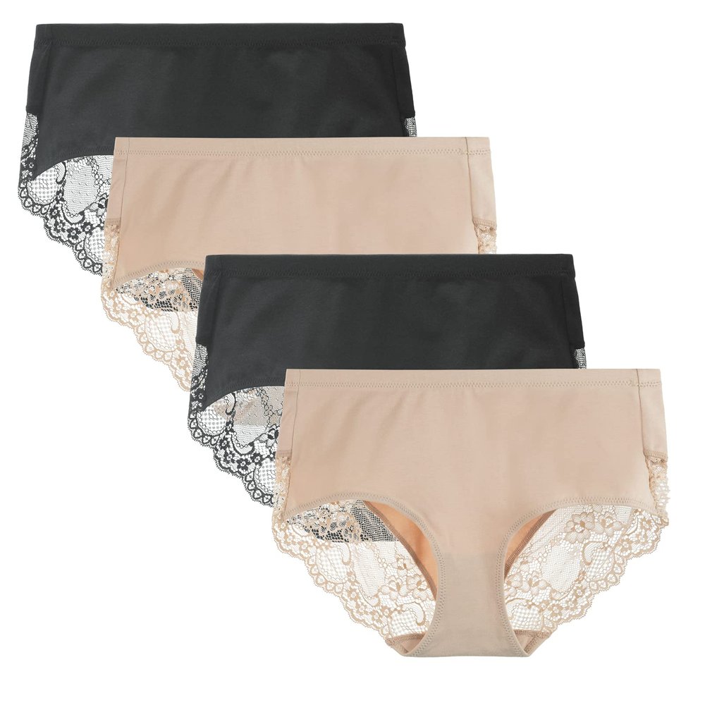 LIQQY Women's 4 Pack Combed Cotton Breathable High Rise Lace Full Coverage Brief Panty Underwear (Large, Black/Nude)