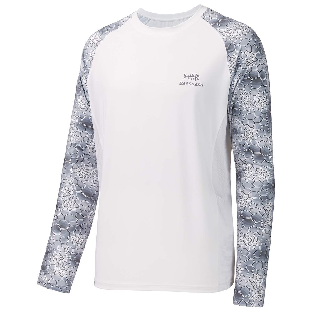 BASSDASH UPF 50 Fishing Tee for Men Camo Long Sleeve Shirt Quick Dry Sweatshirts (White/Grey Hexagonal Scales, 3XL)