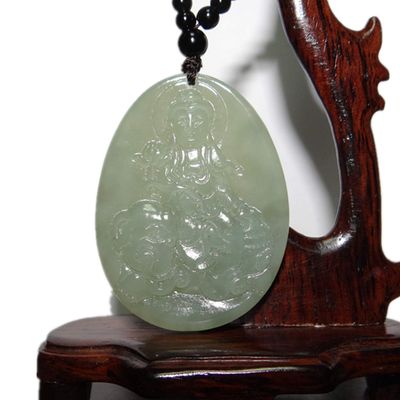 2.1" China Certified Nature Hetian Nephrite Jade Blessing Kwan-yin and Elephant Hand Carved Necklace Pendant 0075
