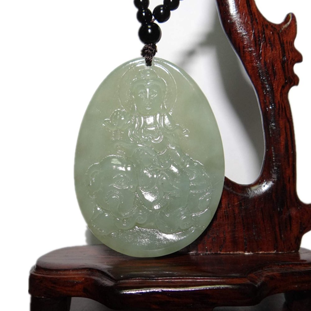 2.1" China Certified Nature Hetian Nephrite Jade Blessing Kwan-yin and Elephant Hand Carved Necklace Pendant 0075