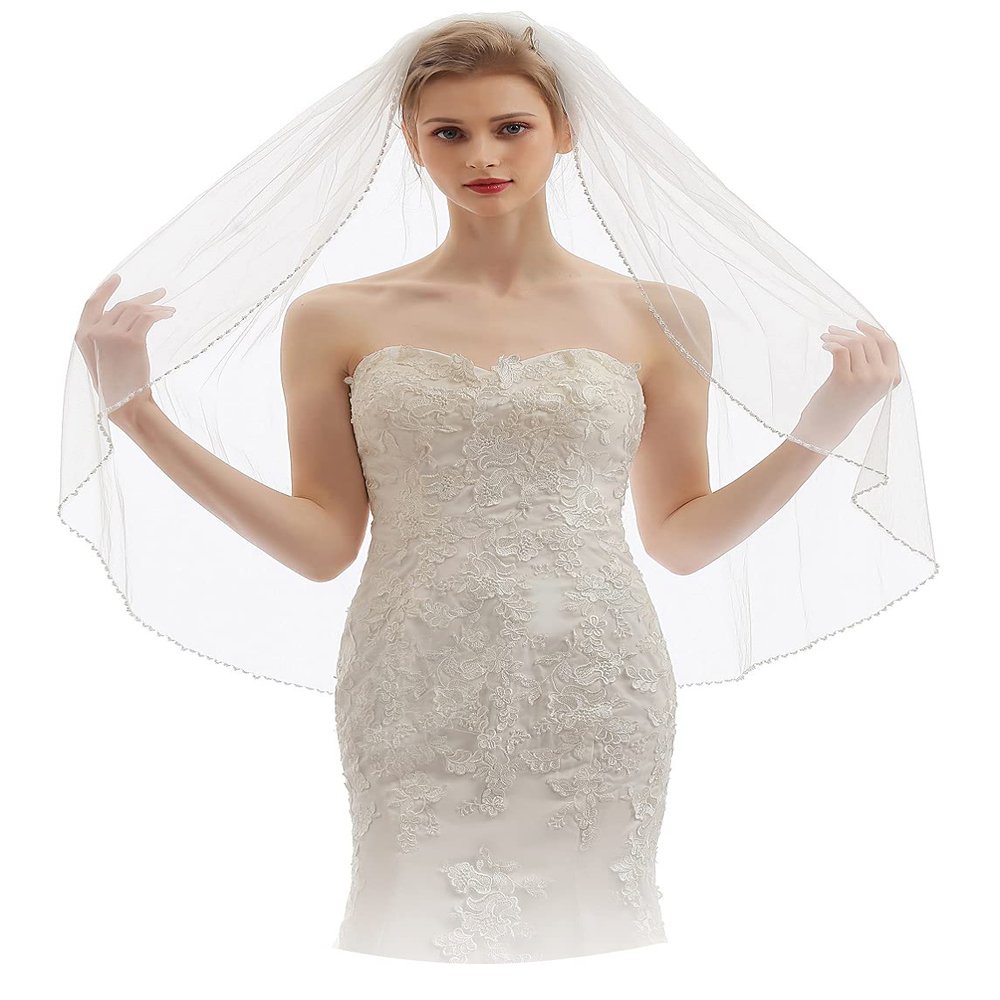 ELAWBTY Womens 1 Tier Fingertip Length Short Crystal Beaded Wedding Bridal Veil With Comb X17 White