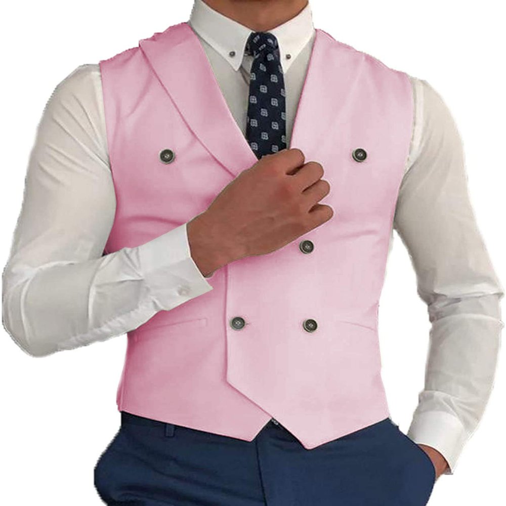 Zeattall Vest for Men Peak Lapel Slim Fit Suit Vest Double Breasted Pink Suit Waistcoat(M,Pink)
