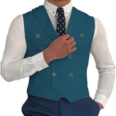 Zeattall Vest for Men Peak Lapel Slim Fit Suit Vest Double Breasted Teal Suit Waistcoat(L,Teal)