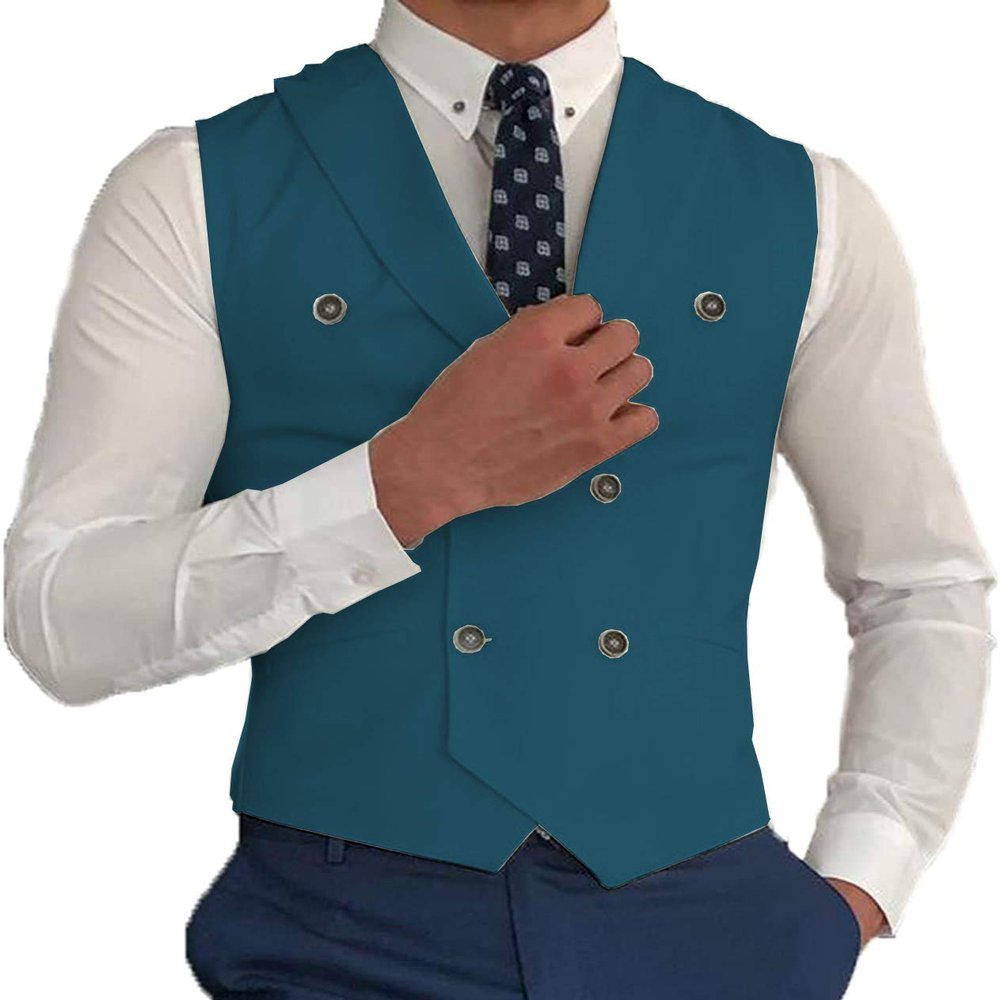 Zeattall Vest for Men Peak Lapel Slim Fit Suit Vest Double Breasted Teal Suit Waistcoat(L,Teal)