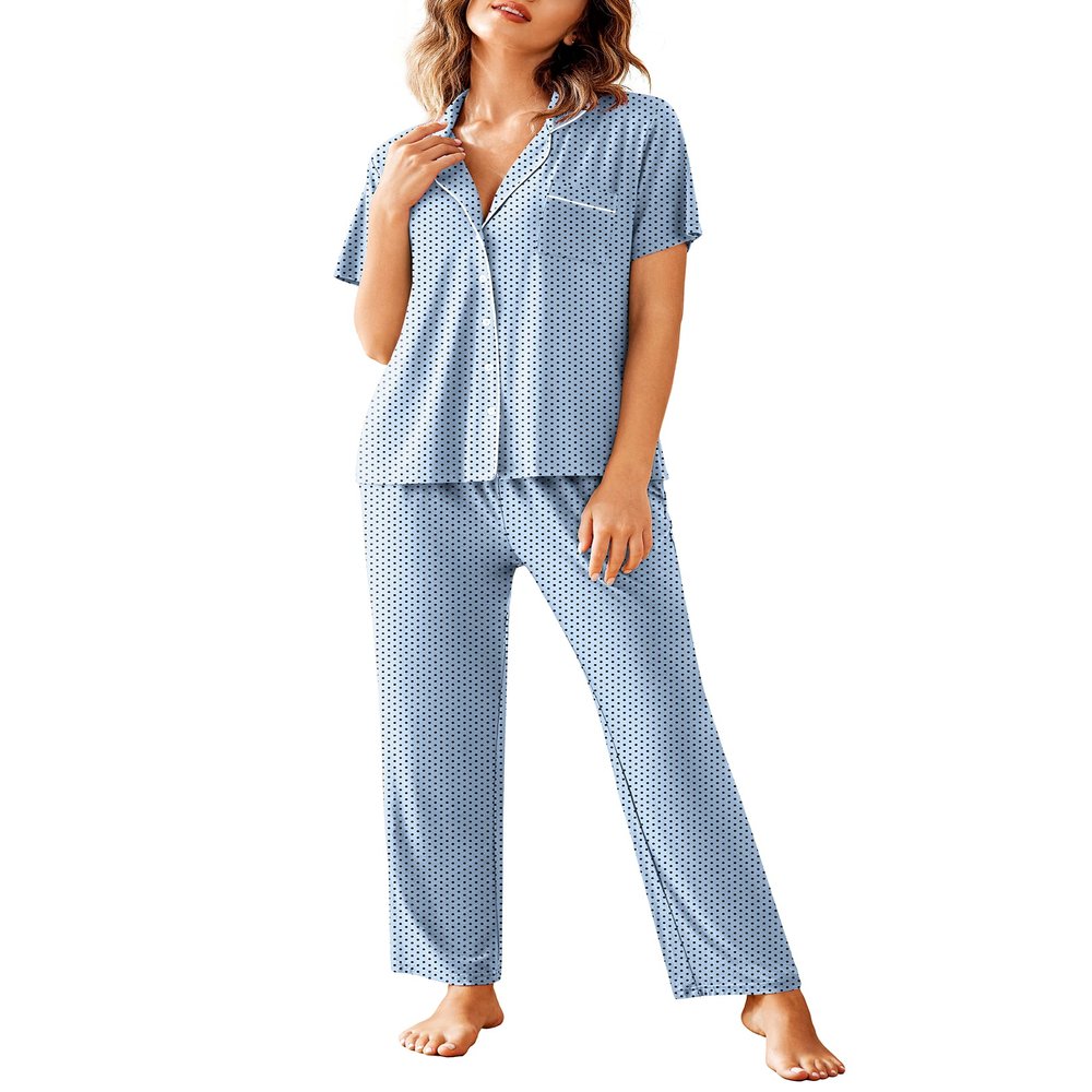 Avidlove Women Pajamas Set Notch Collar Soft Sleepwear Pjs Short Sleeve Button Down Nightwear with Long Pants