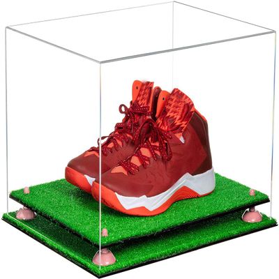 Better Display Cases Acrylic Extra Large Shoe Display Case for Basketball Shoe, Hightop, Soccer & Football Cleats with Clear Case, Pink Risers and Turf Base 18 x 14 x 12 (A014/V60)