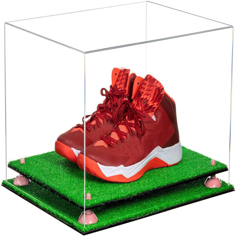 Better Display Cases Acrylic Extra Large Shoe Display Case for Basketball Shoe, Hightop, Soccer & Football Cleats with Clear Case, Pink Risers and Turf Base 18 x 14 x 12 (A014/V60)