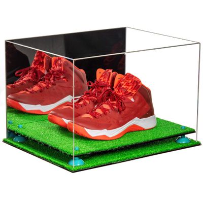 Better Display Cases Acrylic Extra Large Shoe Display Case for Basketball Shoe, Hightop, Soccer & Football Cleats with Mirror Case, Light Blue Risers and Turf Base 18 x 14 x 12 (A014/V60)