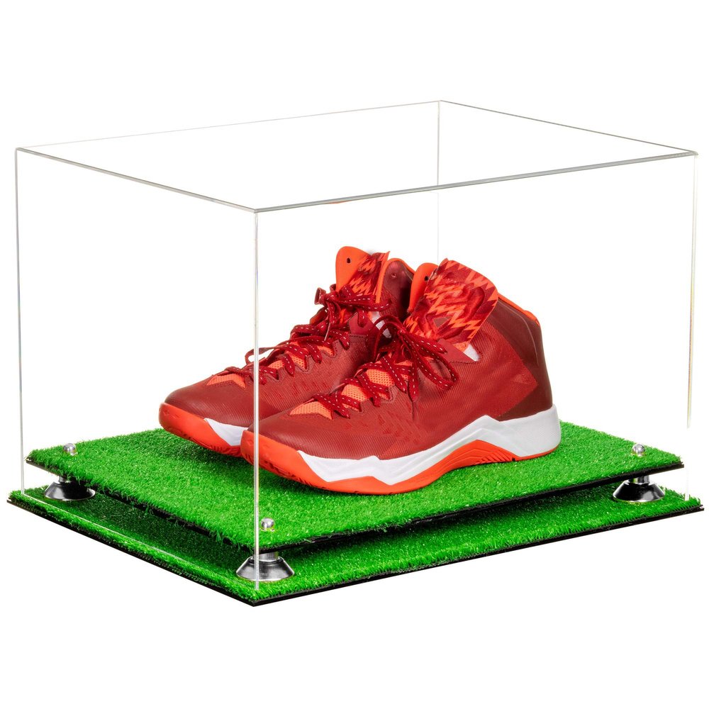 Better Display Cases Acrylic Extra Large Shoe Display Case for Basketball Shoe, Hightop, Soccer & Football Cleats with Clear Case, Silver Risers and Turf Base -18 x 14 x 12 (A014/V60)