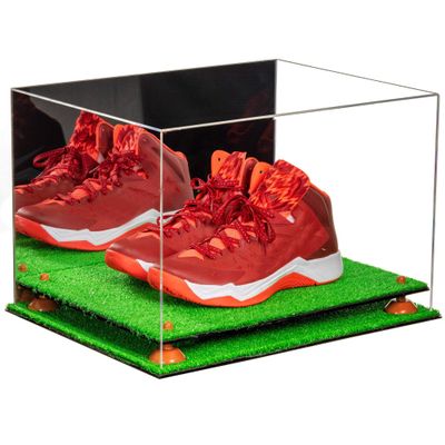 Better Display Cases Acrylic Extra Large Shoe Display Case for Basketball Shoe, Hightop, Soccer & Football Cleats with Mirror Case, Orange Risers and Turf Base 18 x 14 x 12 (A014/V60)