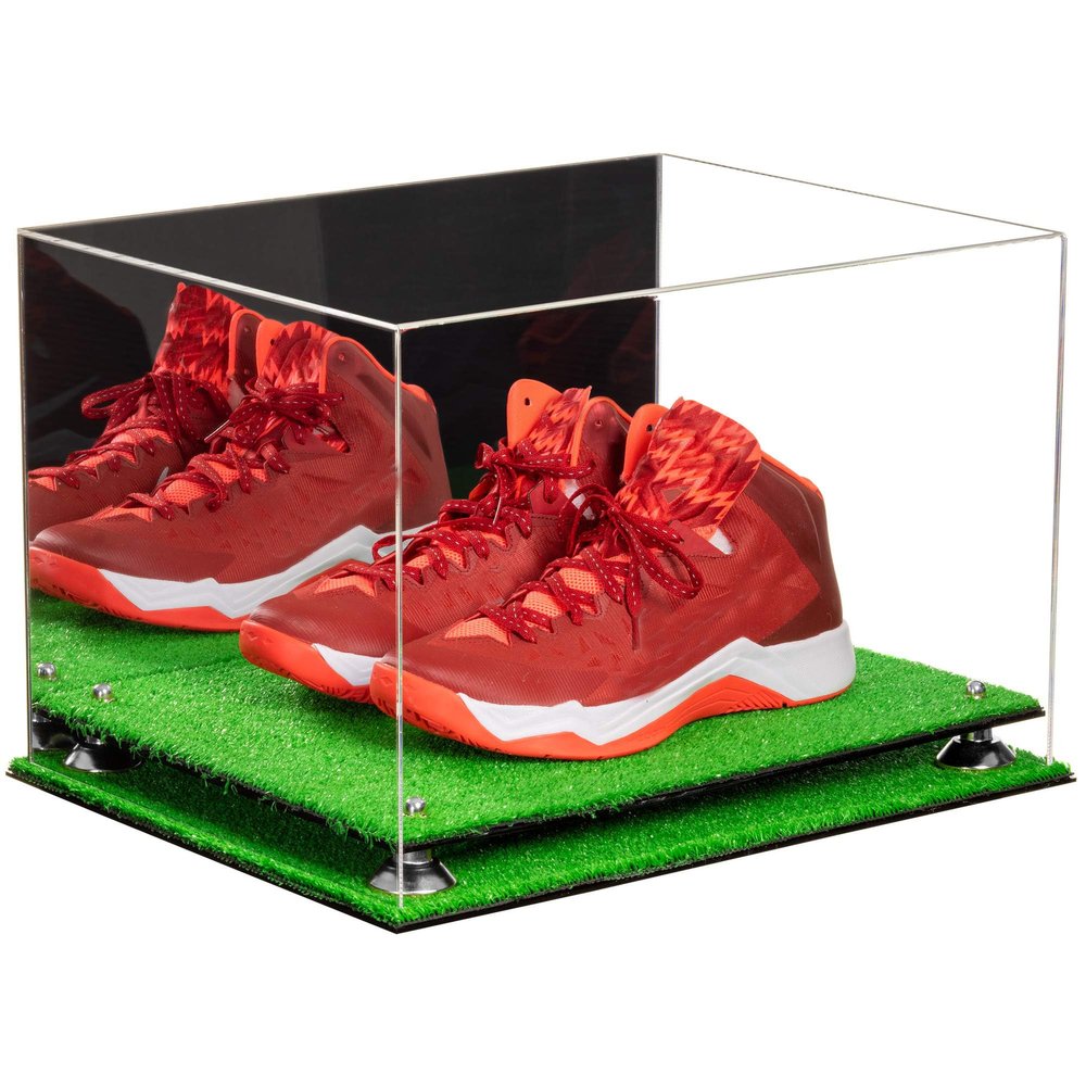 Better Display Cases Acrylic Extra Large Shoe Display Case for Basketball Shoe, Hightop, Soccer & Football Cleats with Mirror Case, Silver Risers and Turf Base 18 x 14 x 12 (A014/V60)