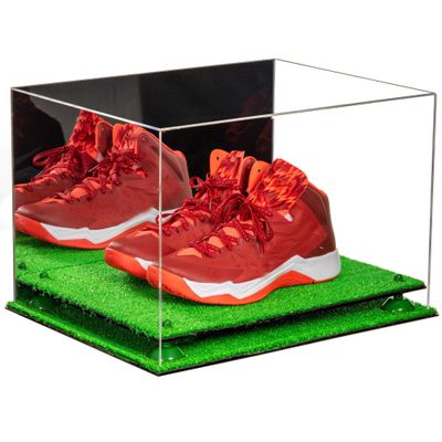 Better Display Cases Acrylic Extra Large Shoe Display Case for Basketball Shoe, Hightop, Soccer & Football Cleats with Mirror Case, Green Risers and Turf Base 18 x 14 x 12 (A014/V60)